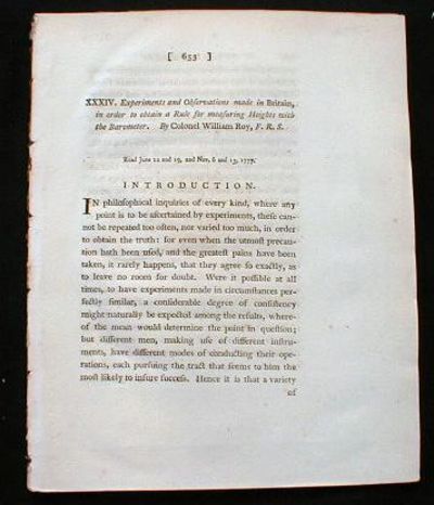 Experiments and Observations made in Britain, in Order to Obtain a Rule for Measuring Heights with the Barometer