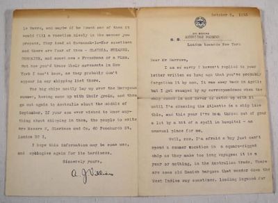 Typed Letter Signed By A. J. Villiers Aboard S. S. American Farmer, United States Lines, 1933