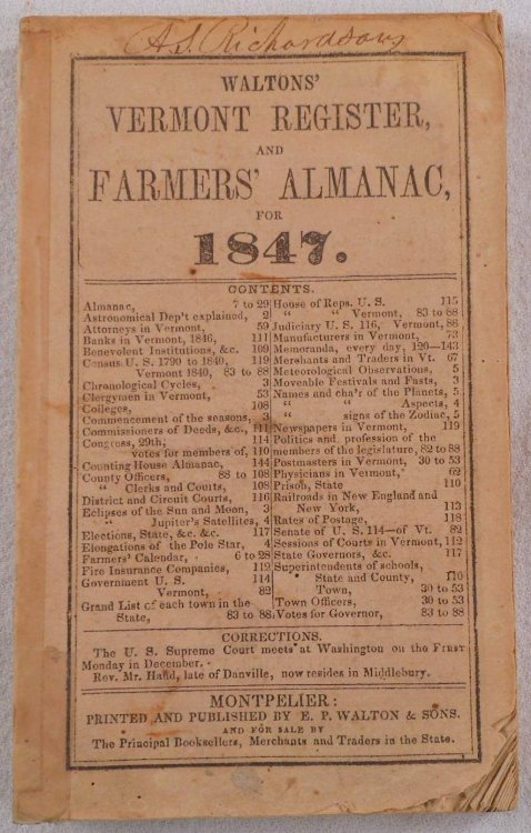 Waltons' Vermont Register and Farmers' Almanac for 1847