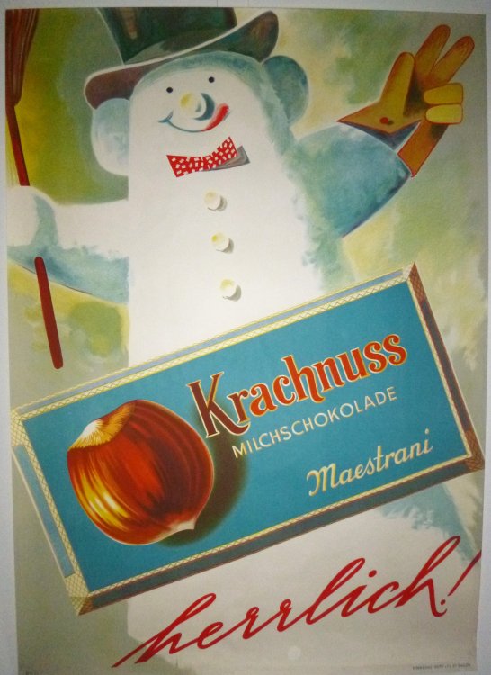 Large 1960s Swiss Advertising Poster Krachnuss Mastriani [Hazelnut Chocolate]