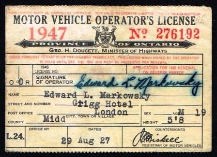 Motor Vehicle Operator's Licence, 1947; Province of Ontario