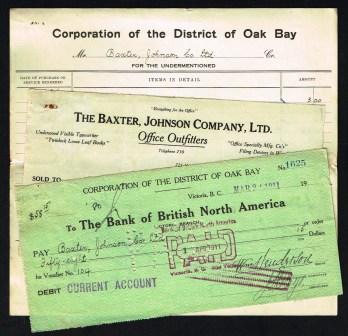 Oak Bay District Payment Voucher, 1911; 3pc including Voucher, Cheque & Invoice