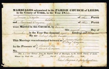 Marriage Certificate; Leeds, UK, 1836