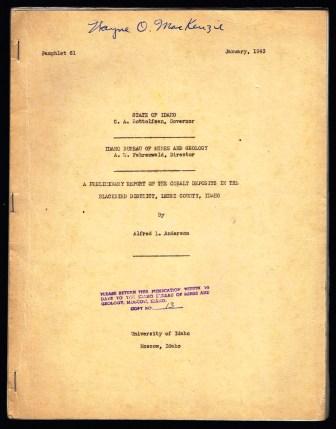 A Preliminary Report on the Cobalt Deposits in the Blackbird District, Lemhi County, Idaho