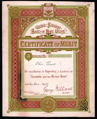 United Kingdom Band of Hope Union; Certificate of Merit, 1895