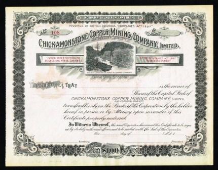 Share Certificate from the Chickamonstone Copper Mining Company of British Columbia, C1897