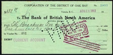 Cancelled Cheque drawn on the Bank of British North America, Victoria, BC Branch; 1912