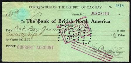Cancelled Cheque drawn on the Bank of British North America, Victoria, BC Branch; 1911