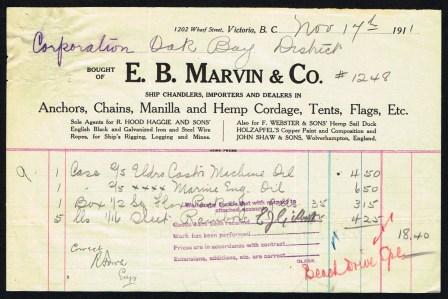 Commercial Invoice from E. B. Marvin & Co., ShipChandlers, Importersand Dealers in Anchors, Chains, Manilla and Hemp Cordage, Tents, Flags, Etc.