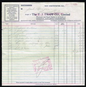 The T. J. Trapp Co., Invoice, 1929 - New Westminster, B. C.