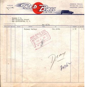 Commercial Invoice from Red Ball Ltd [Trucking].: Vancouver 1951