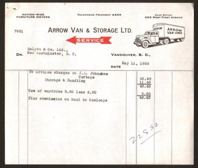 Arrow Van & Storage Commercial Invoice: Vancouver, 1950
