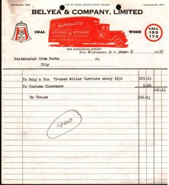 Commercial Invoice from Belyeatr & Company, New Westminster, 1937