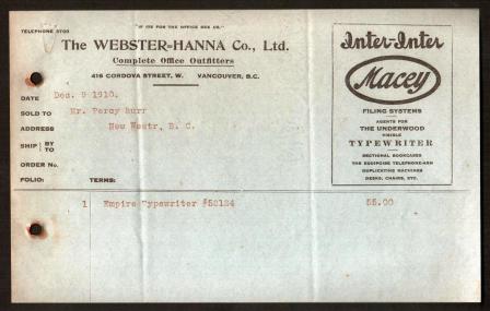 Commercial Invoice from Webster-Hanna Co., Vancouver