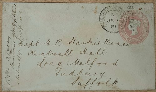 Original Victorian postal envelope addressed to Capt. E. R. Starkie Bence - QV 1d pink cover with Charing Cross duplex to Long Melford, Sudbury.