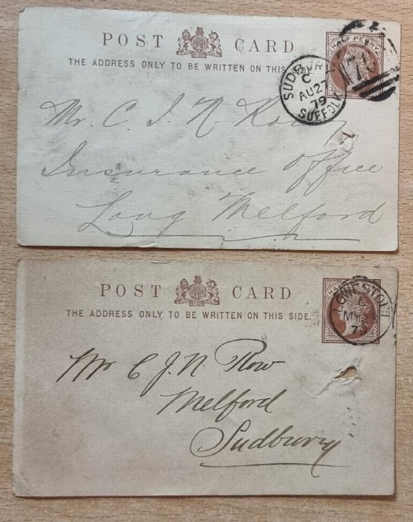 Two 19th Century Half Penny Post Cards with postmarks for Sudbury and Lowestoft + 3 OTHERS .