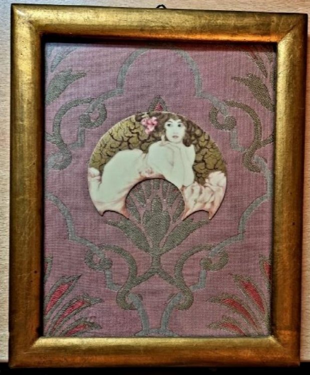 Painted Shaped Ivory Panel On Cloth With Gilt Frame .