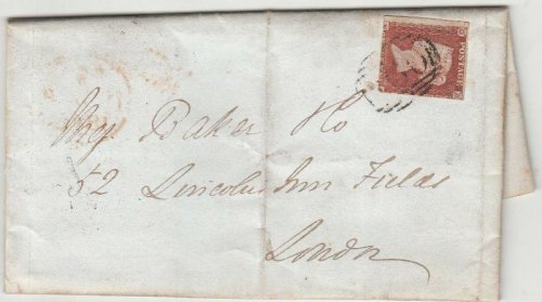 QV: Imperf Penny Red Entire: Sudbury to Lincoln's Inn, London, 16 - 19 May 1845