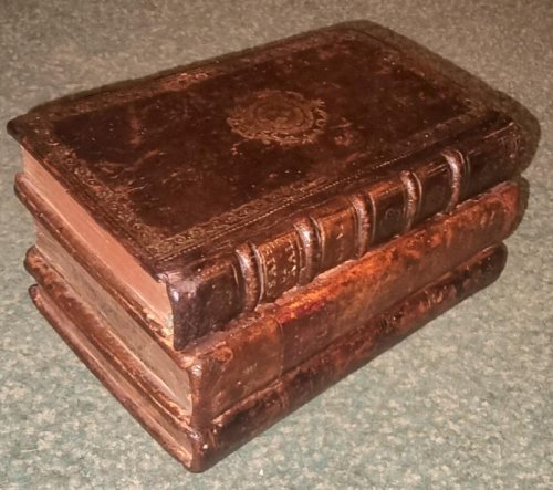 3 Leatherbound books fused together to form a paperweight .
