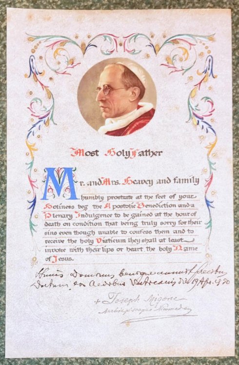 Handwrtten Apostolic Benediction and a Plenary Indulgence.