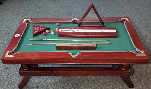 NUKU Miniature Billiards Table, plus stand, spirit level, scorer, two brass spring cues, balls and triangle