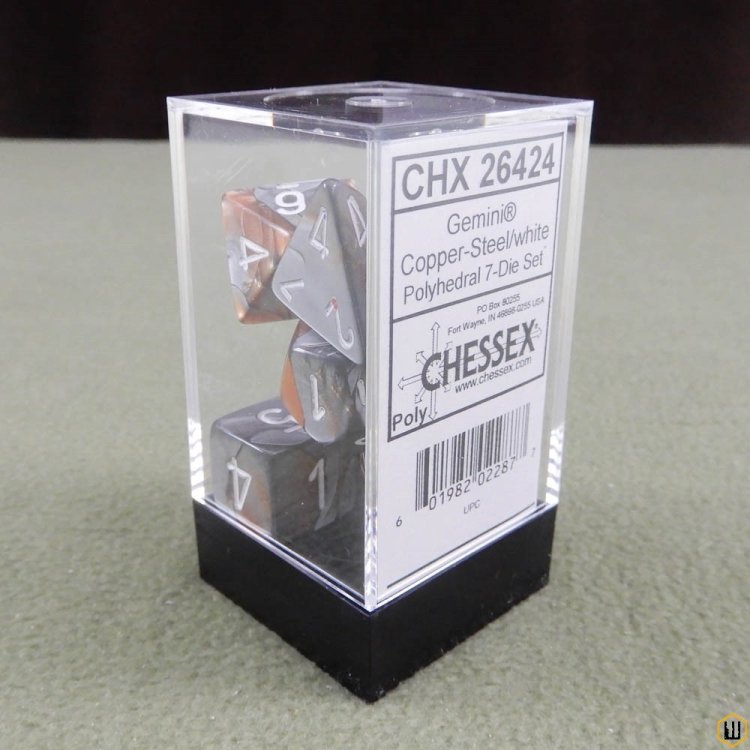 Chessex Polyhedral 7-Die Gemini Dice Set - Copper-Steel with White