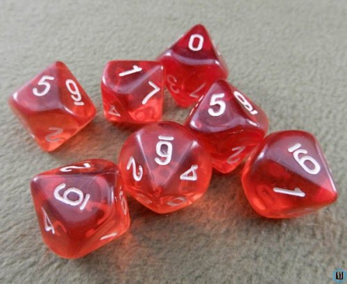 D10 Percentile Translucent Red - White Numbered 7 Dice Set