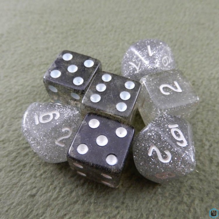 Glitter Grey Translucent - White Numbered 7 Polyhedral Dice Set Mix