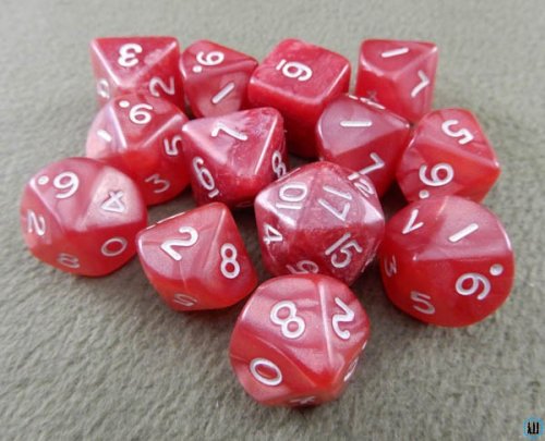 Candy Red Swirl - White Numbered 13 Polyhedral Dice Set Mix