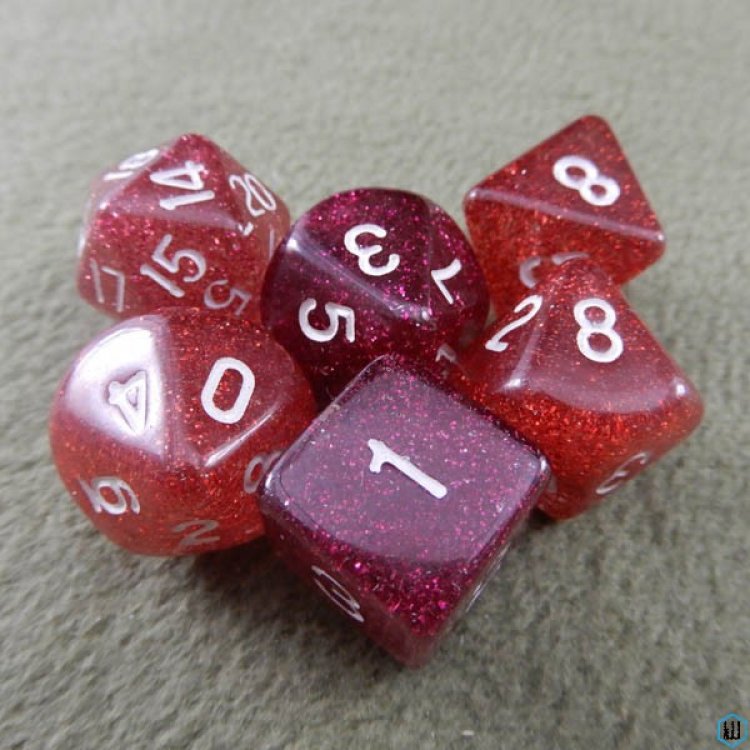 Translucent Red Cherry Glitter Wine - White Numbered 6 Polyhedral Dice Set Mix