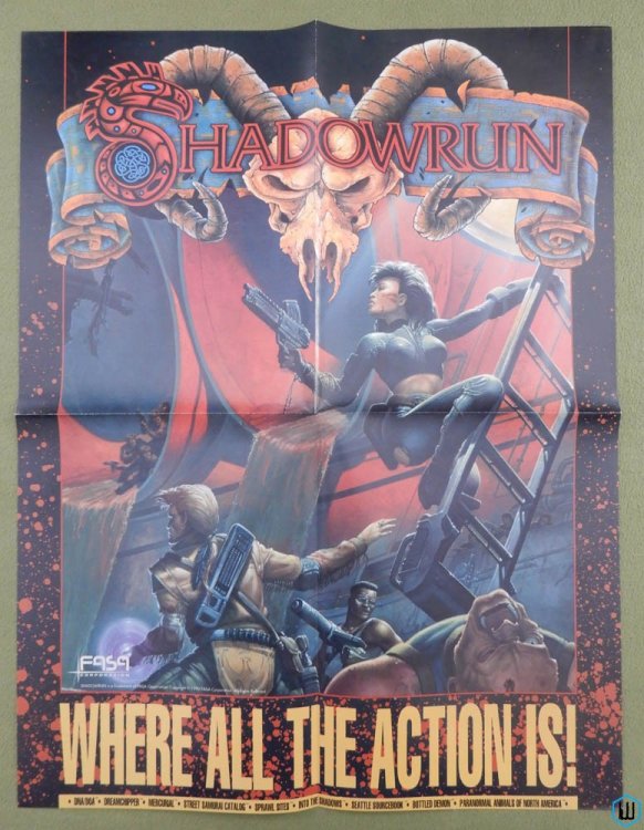 POSTER Shadowrun 1e RPG 1990 DNA/DOA cover art John Zeleznik Where All Action Is