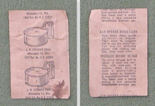 1951 MILITARY CAN OPENER-IN PACKAGE AND INSTRUCTIONS