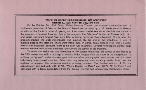 WAR OF THE WORLDS Orson Welles Radio Broadcast Cachet