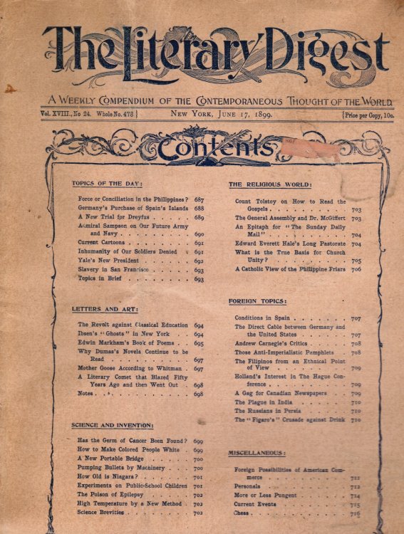 The Literary Digest: a Weekly Compendium of the Contemporaneous Thought of the World: Vol XVII, No 24, Whole No 478, June 17, 1899 How to Make Colored People White, Plague in India