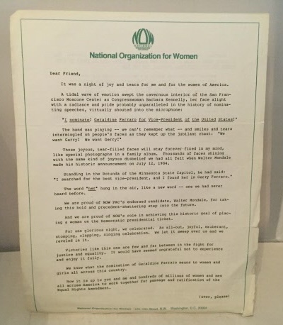 Letter Of Congratulations, And Support For The Nomination Of Geraldine Ferraro For Vice-president Of The United States