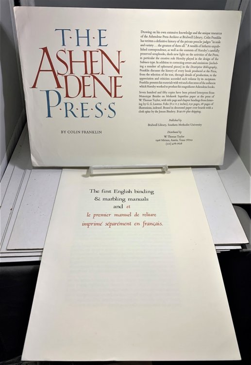 A Group of Prospectus' for books published or distributed by W. Thomas Taylor Publisher. (five items in total) The Ashendene Press by Colin Franklin, the Poet is Dead by William Everson, the Tragedie of King Lear (Illustrated by Claire Van Vliet, the First English Binding & Marbling Manuals, And, th