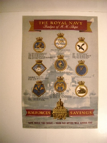 Royal Navy: Badges of H.M. Ships. Vanguard, Nepal, Magpie, Ark Royal, St. Kitts, Statesman, Illustrious, Amethyst, Tally Ho. (Recruiting Poster)