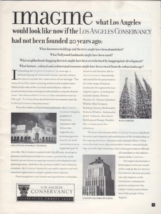 IMAGINE WHAT LOS ANGELES WOULD LOOK LIKE NOW IF THE LOS ANGELES CONSERVANCY HAD NOT BEEN FOUNDED 20 YEARS AGO