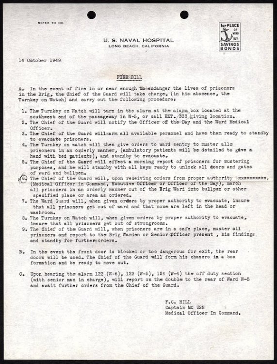 ESCAPE BILL and FIRE BILL, U.S. NAVAL HOSPITAL LONG BEACH