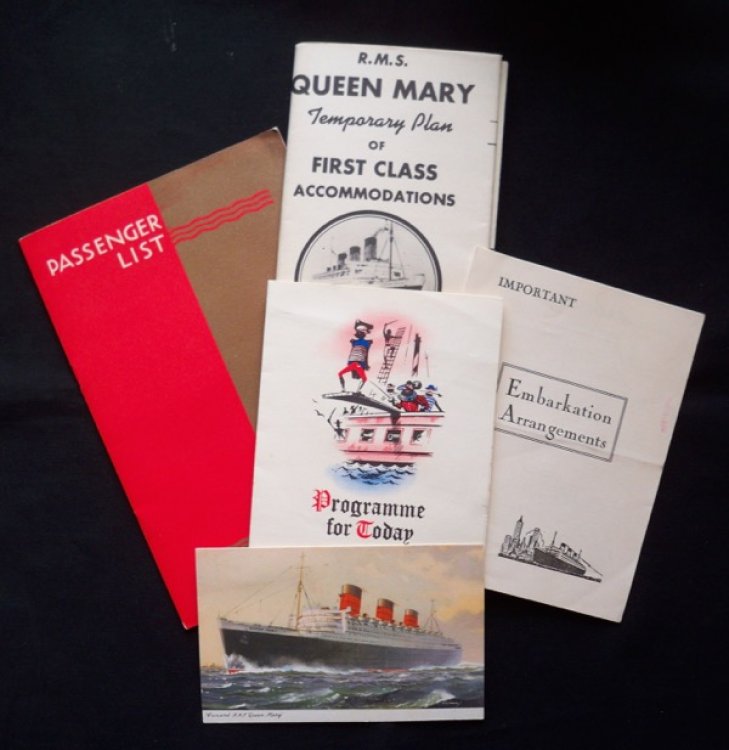 LOT OF EPHEMERA FROM THE CUNARD CRUISE SHIPS R.M.S. MAURETANIA, R.M.S. QUEEN ELIZABETH, AND R.M.S. QUEEN MARY