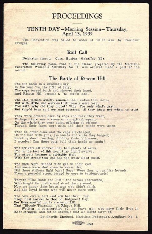PROCEEDINGS, TENTH DAY, MORNING AND AFTERNOON SESSIONS, THURSDAY, APRIL 13, 1939, SECOND ANNUAL CONVENTION, DISTRICT 1, I.L.W.U. (INTERNATIONAL LONGSHOREMEN'S AND WAREHOUSEMEN'S UNION)