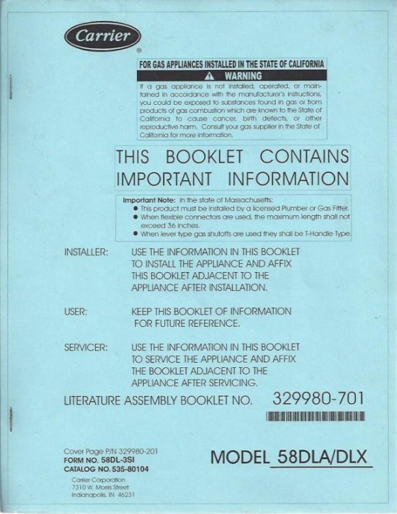 Carrier Induced-Combustion Gas Furnance (Installer Manual, MODEL 58DLA/DLX)