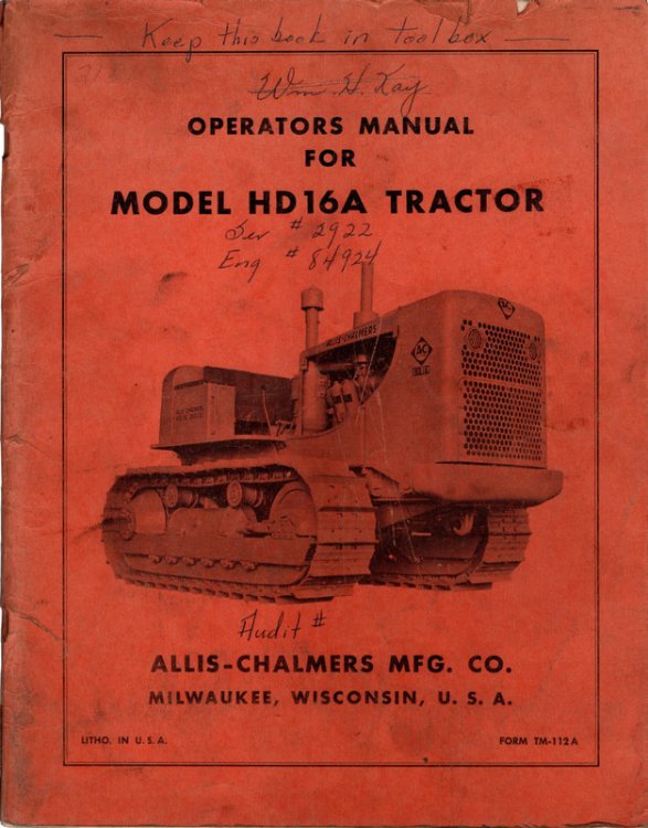 Operators Manual For Model HD 16A Tractor