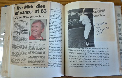 MICKEY MANTLE SIGNATURE in THE HISTORY OF AMERICAN BASEBALL SINCE 1901 by Glenn Dickey. SIGNATURE next to a Photo-Illustration of Mickey Mantle on Page 189. New York: Stein & Day, 1980.