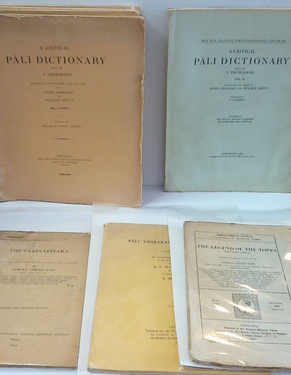 COLLECTION OF PALI LANGUAGE RESOURCES: Complete First Volume (all parts) of A CRITICAL PALI DICTIONARY, Begun by V. Trenckner; Two Parts Only of Volume Two (Facsimile 1 and Facsimile 2); Part IX of Pali Tipitakam Concordance, Listed by F.L. Woodward; The Legend of the Topes (Thupavamsa), Translated 