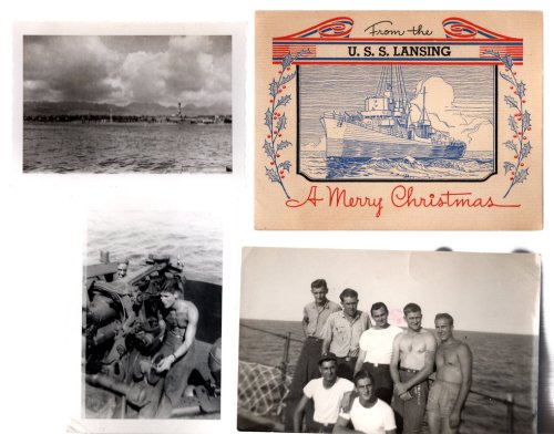 COLLECTION OF 17 POCKET-SIZED WORLD WAR II VETERAN'S PHOTOGRAPHS FOCUSING ON HIS DEPLOYMENT IN THE PACIFIC ABOARD USS LANSING (DE-388). The Undated, circa 1945.