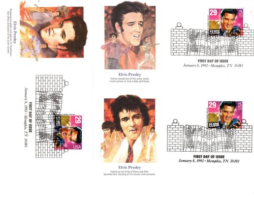 COLLECTION OF FIVE COMMEMORATIVE ELVIS PRELSEY FIRST DAY ISSUE STAMPS AND ENVELOPES. Fleetwood, January 8, 1993.