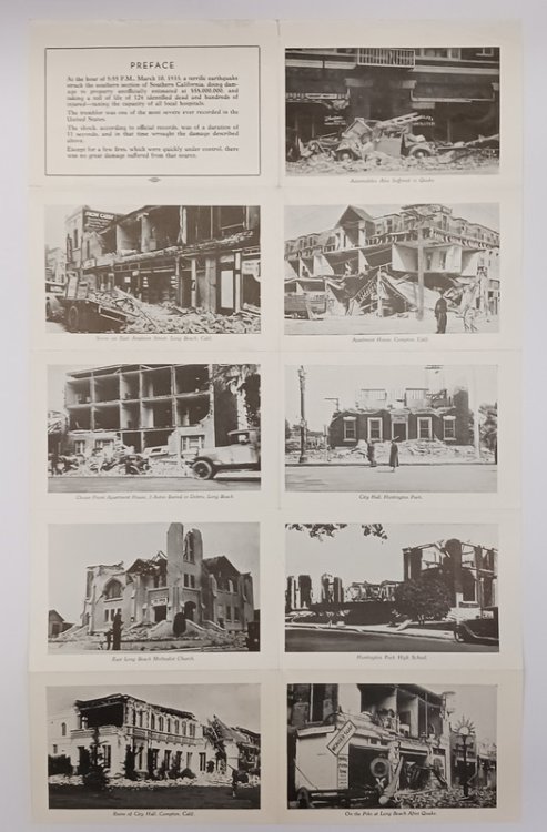 FOLDED BROADSHEET OF 19 POCKET SIZED PHOTOGRAPHS (APPROX. 6'' X 4'' EACH) OF THE AFTERMATH OF THE MARCH 10, 1933 SOUTHERN CALIFORNIA EARTHQUAKE.