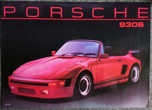 TWO-SIDED WALL POSTER PORSCHE 930S (BLACK BACKGROUND) AND FERRARI TESTAROSSA (PURPLE BACKGROUND) HM 5481 APPROX 14'' X 24'' C.1985