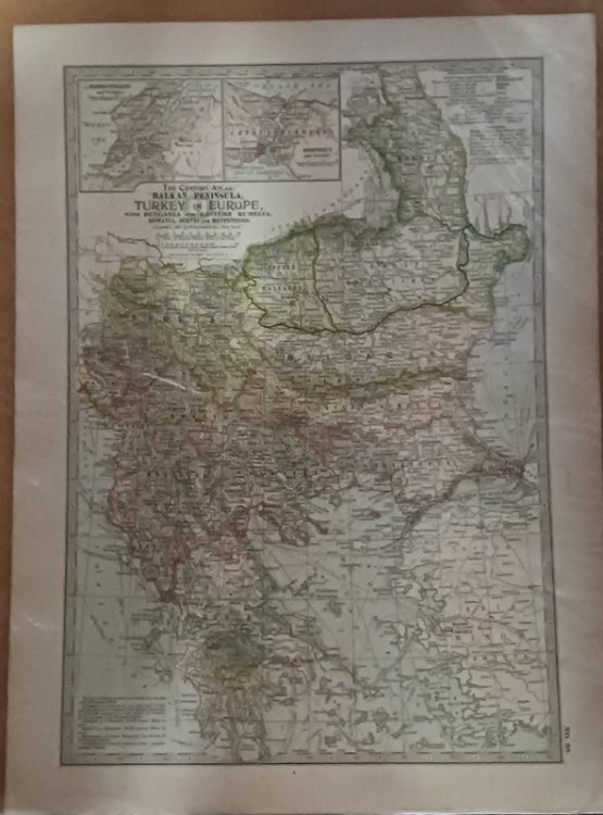 THE CENTURY ATLAS MAP 98: Balkan Peninsula, Turkey in Europe, with Bulgaria and Eastern Rumelia, Rumania, Servia and Montenegro. ANTIQUE COLLECTIBLE MAP APPROX 12-1/4'' X 16'' 1897